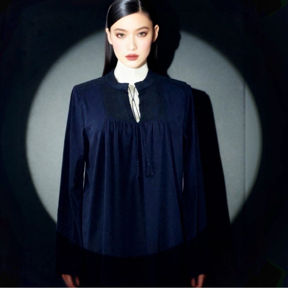 J. Crew Factory Navy Long Sleeve Boho Peasant Top - Picture 8 of 8